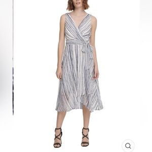 DKNY Blue and White Chain Print Asymmetrical Wrap Dress- Size 6